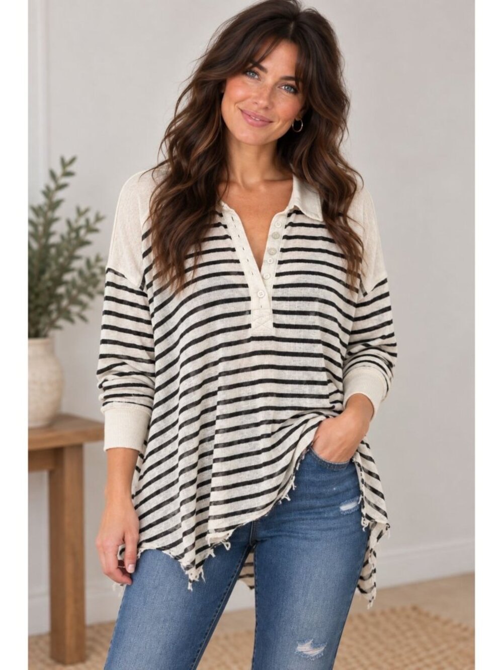 We the Free Oversized Black/Cream Striped Polo Raw Asymmetric Hem Top Size XS